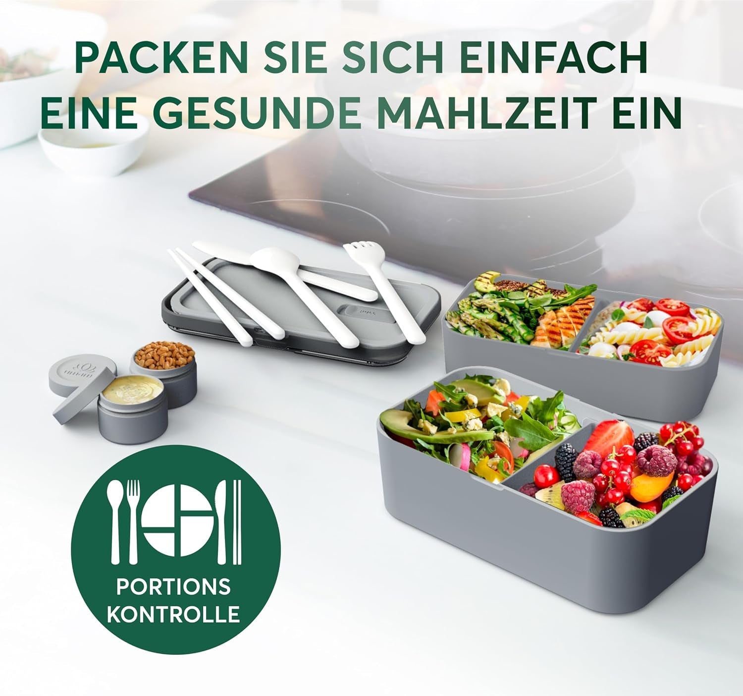 Umami Lunchbox för vuxna, Stapelbar Bento-låda med 4 bestick och fack, Vuxen Lunchbox, To-go-salladsbehållare, Picknick-/kontorslunchlåda, kolgrå, 1500 ml matförvaringslådor Naty Shop