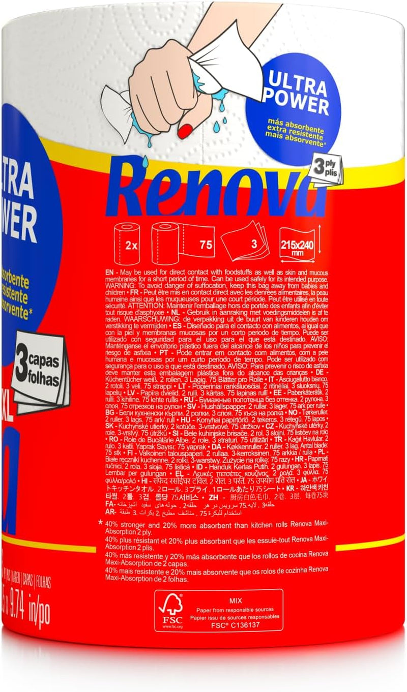 Köksrullar Renova Renova Ultrapower | 24 XXL-rullar = 60 standardrullar | 3 ultraabsorberande och maximalt motståndsskikt | Fsc-certifierat papper