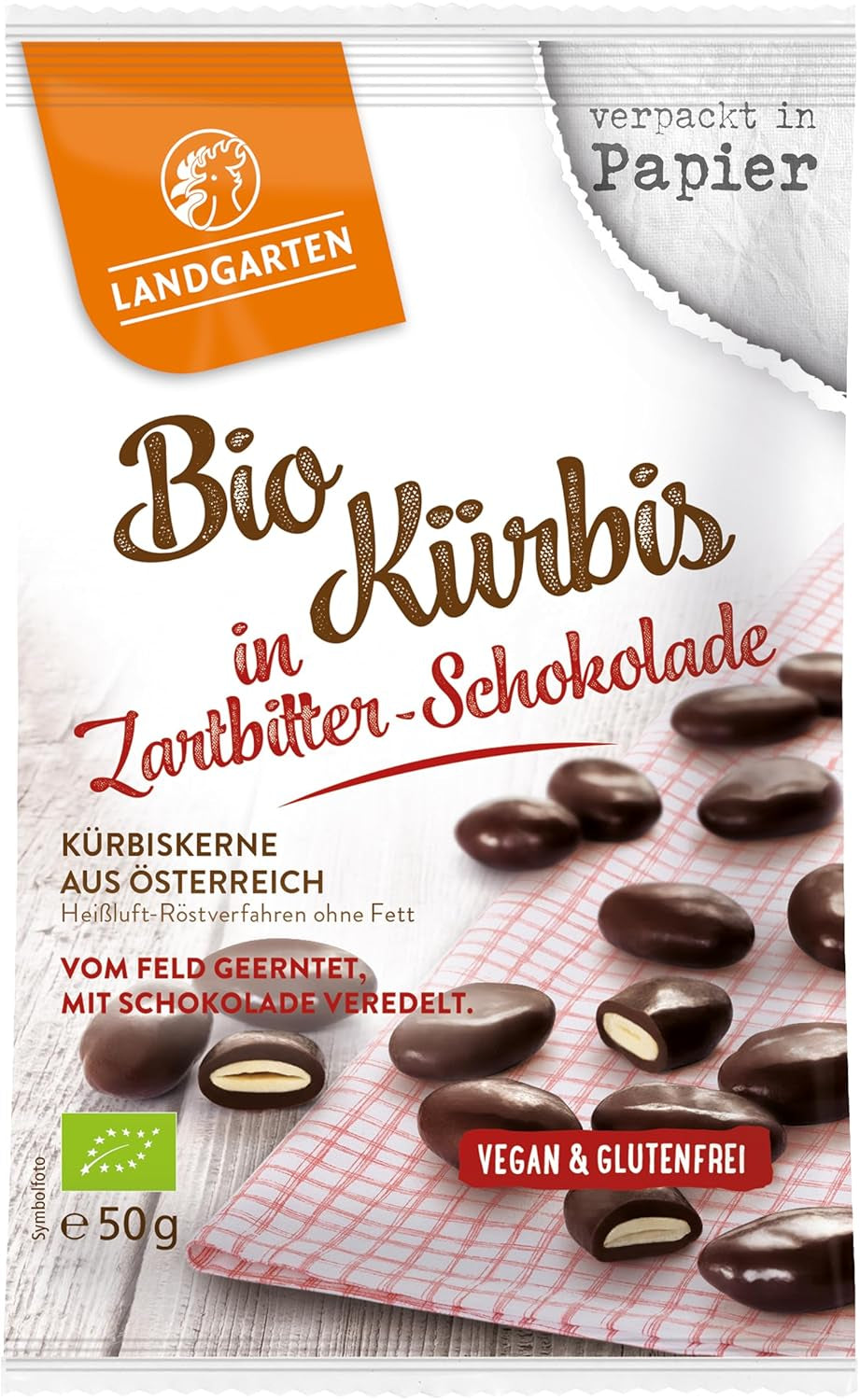Landgarten ekologiska pumpafrön i mörk choklad - Vegansk rostad pumpafrönchokladmellanmål - Magnesiumkälla - 1 x 50 g