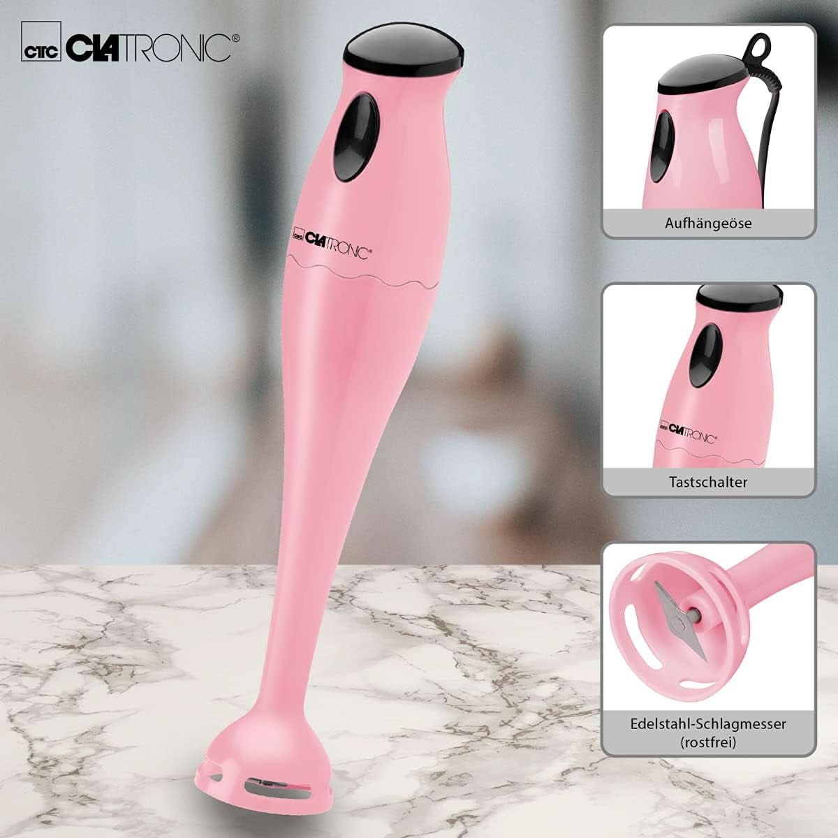 Clatronic Stabmixer/Pürierstab/Blender/Stab-Mixer/Stick/Mixstab SM 3577; Edelstahl-Schlagmesser; Für Smoothie, Kürbispüree, Babybrei, Milchshake; Mit Mixbehälter (500 ml); 180 watt; Rosa kök Naty Shop