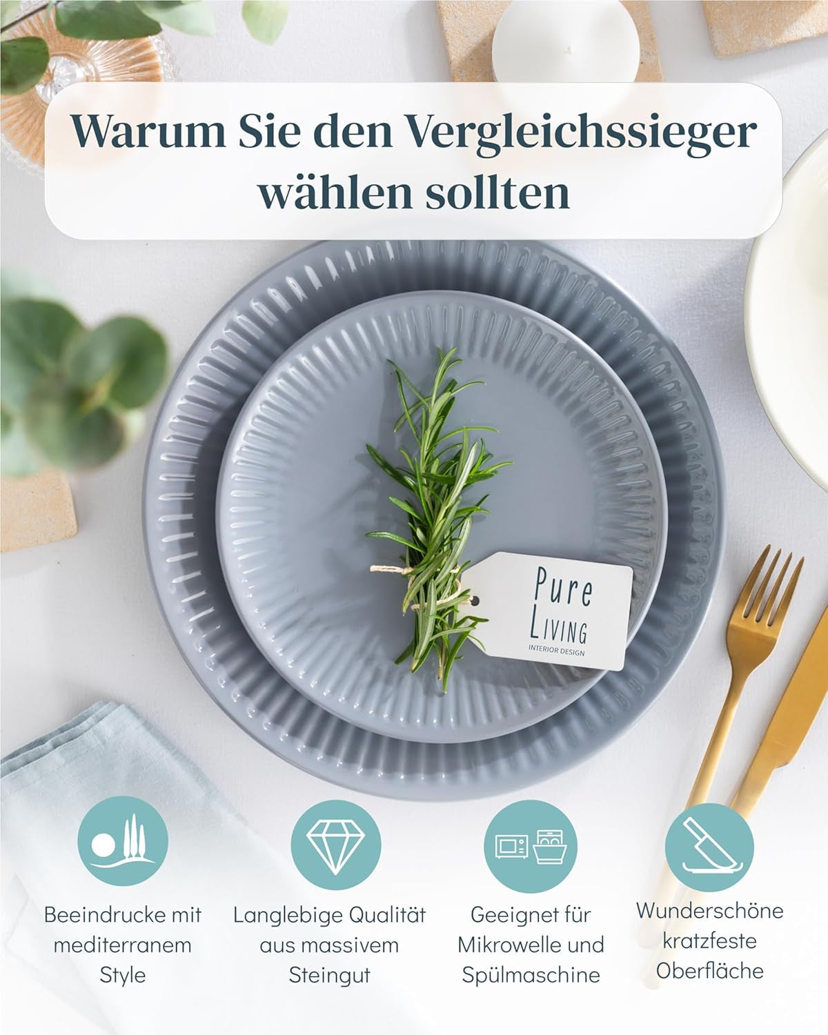 Keramisk servisset för 6, Hygge, 24 st. TESTVINNARE Drömmande skandinaviska servisservis i stengods Skål och tallrik Set Middagsservice för 6 Pure Living servisset i gråblått