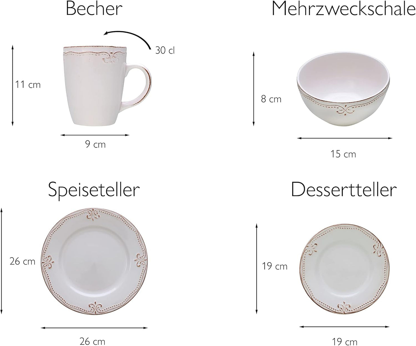 CreaTable, 23601, Romantic Vintage Series, 16-delat servisset för 4, kombinerad porslinsservice, diskmaskin och mikrovågssäker, kvalitetstillverkning