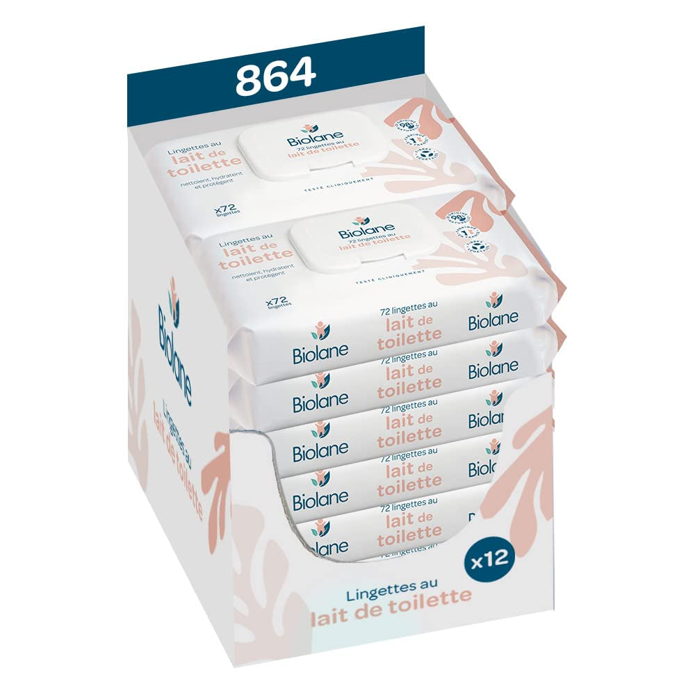 BIOLANE - Paket med 12 - Våtservetter för baby med toalettmjölk - Bebisar - 864 Babyvåtservetter - Rengör och återfuktar - För känslig hud - 98% naturligt ursprung - Från födseln