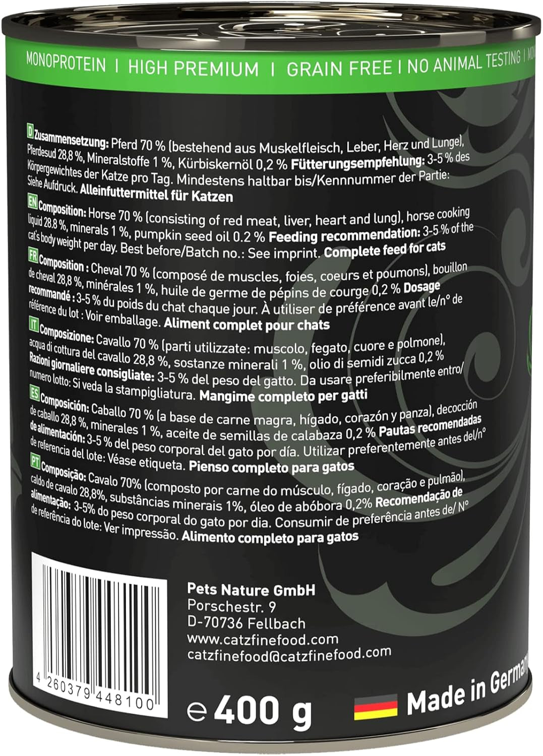 Våtfoder för katter Catz Finefood Purrrr Häst Monoprotein nr. 123, för katter med känslig matsmältning, 70% kötthalt, 6 lådor x 400 g
