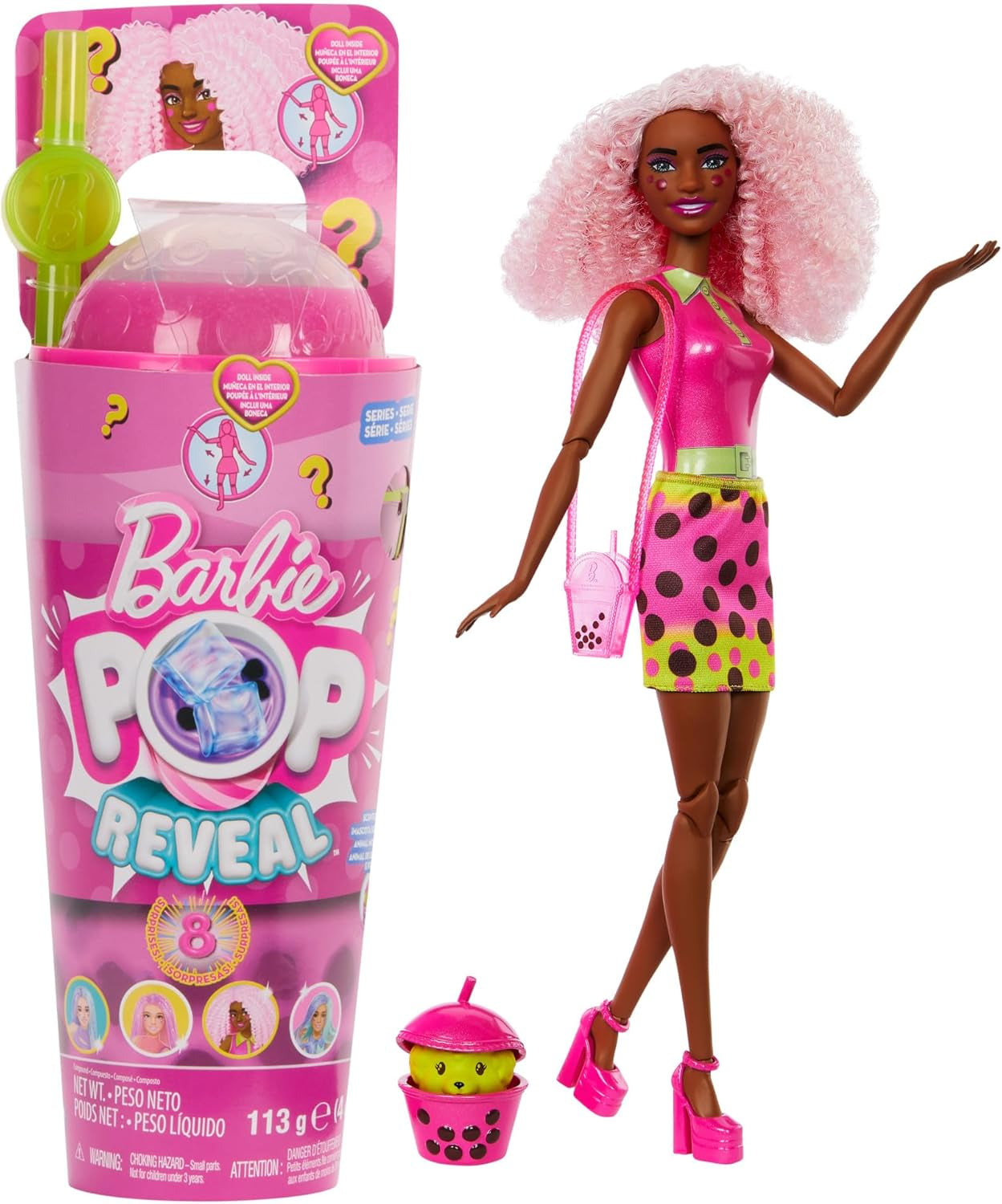 Barbie Pop Reveal Bubble Tea Doll och tillbehör, doftande Berry Bliss modedocka med husdjur, 8 överraskningar, inkluderar färgväxlare, förvaringsmugg, HTJ20