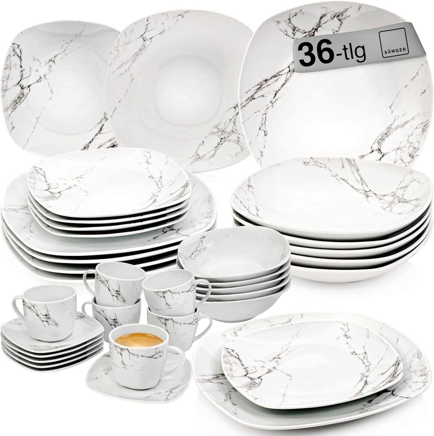 SANGER | Bilgola Marble Combination Servis Set 36-delat Servis Set för 6 med middagstallrikar, desserttallrikar, sumatallrikar, spannmålsskålar, kaffetallrikar och porslinsfat, fyrkantiga | PREMIUM KOLLEKTIONEN