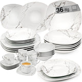 SANGER | Bilgola Marble Combination Servis Set 36-delat Servis Set för 6 med middagstallrikar, desserttallrikar, sumatallrikar, spannmålsskålar, kaffetallrikar och porslinsfat, fyrkantiga | PREMIUM KOLLEKTIONEN