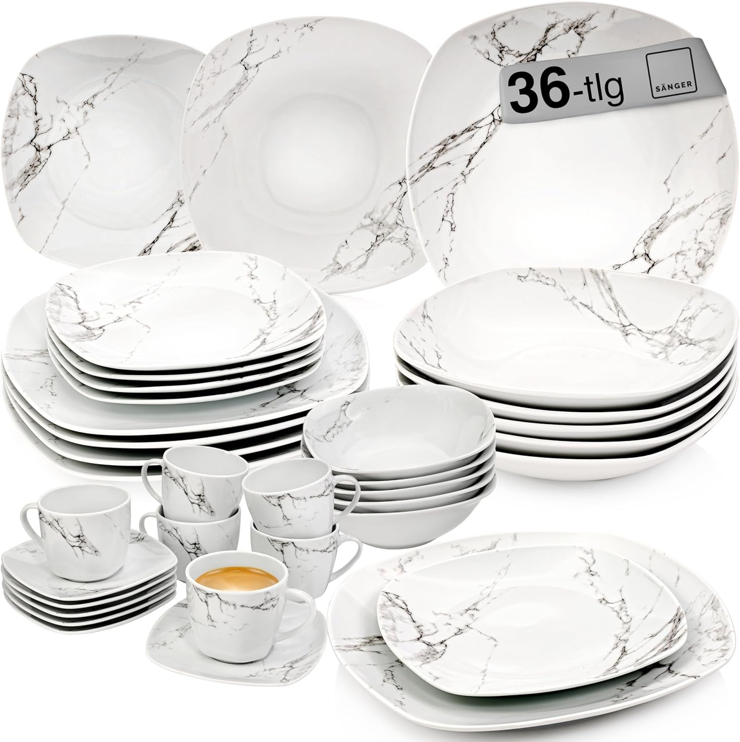 SANGER | Bilgola Marble Combination Servis Set 36-delat Servis Set för 6 med middagstallrikar, desserttallrikar, sumatallrikar, spannmålsskålar, kaffetallrikar och porslinsfat, fyrkantiga | PREMIUM KOLLEKTIONEN