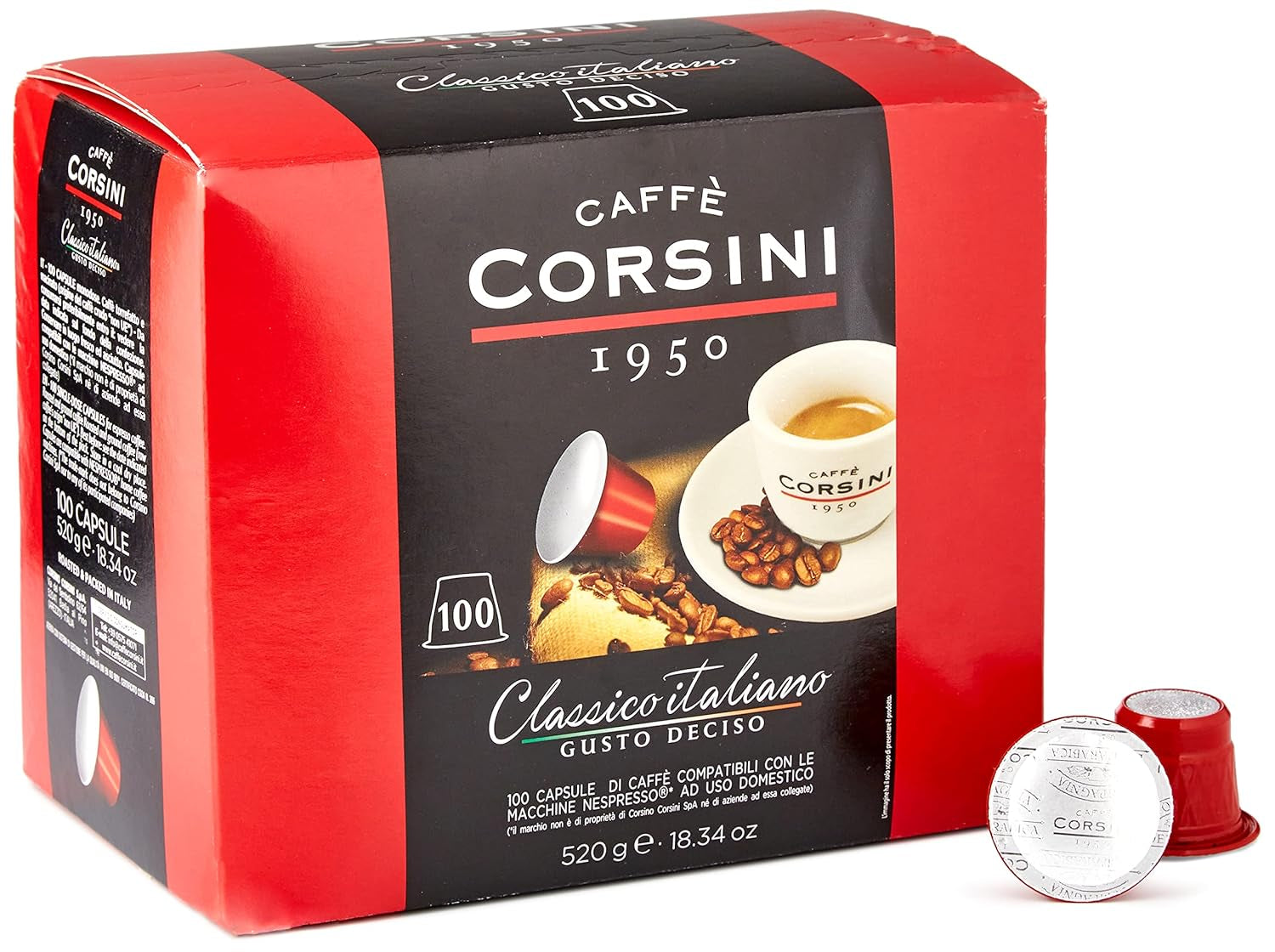 Caffè Corsini - Classico Italiano, Miscela Di Caffè In Nespresso-kompatibla kapslar, Gusto Forte E Deciso - Confezione Da 100 kapslar
