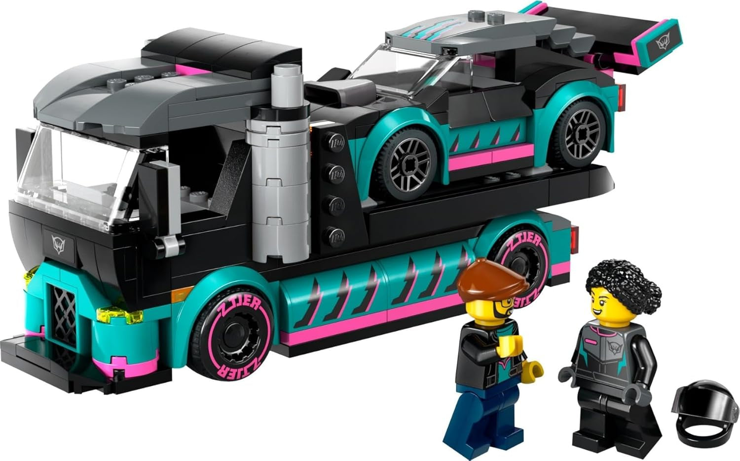 LEGO City Car Transporter med racerbil, leksaksbil med justerbar lastramp och racerbil, byggset med 2 minifigurer, racerförare och lastbilsförare, för barn från 6 år 60406 Byggset Besuche den LEGO-Store