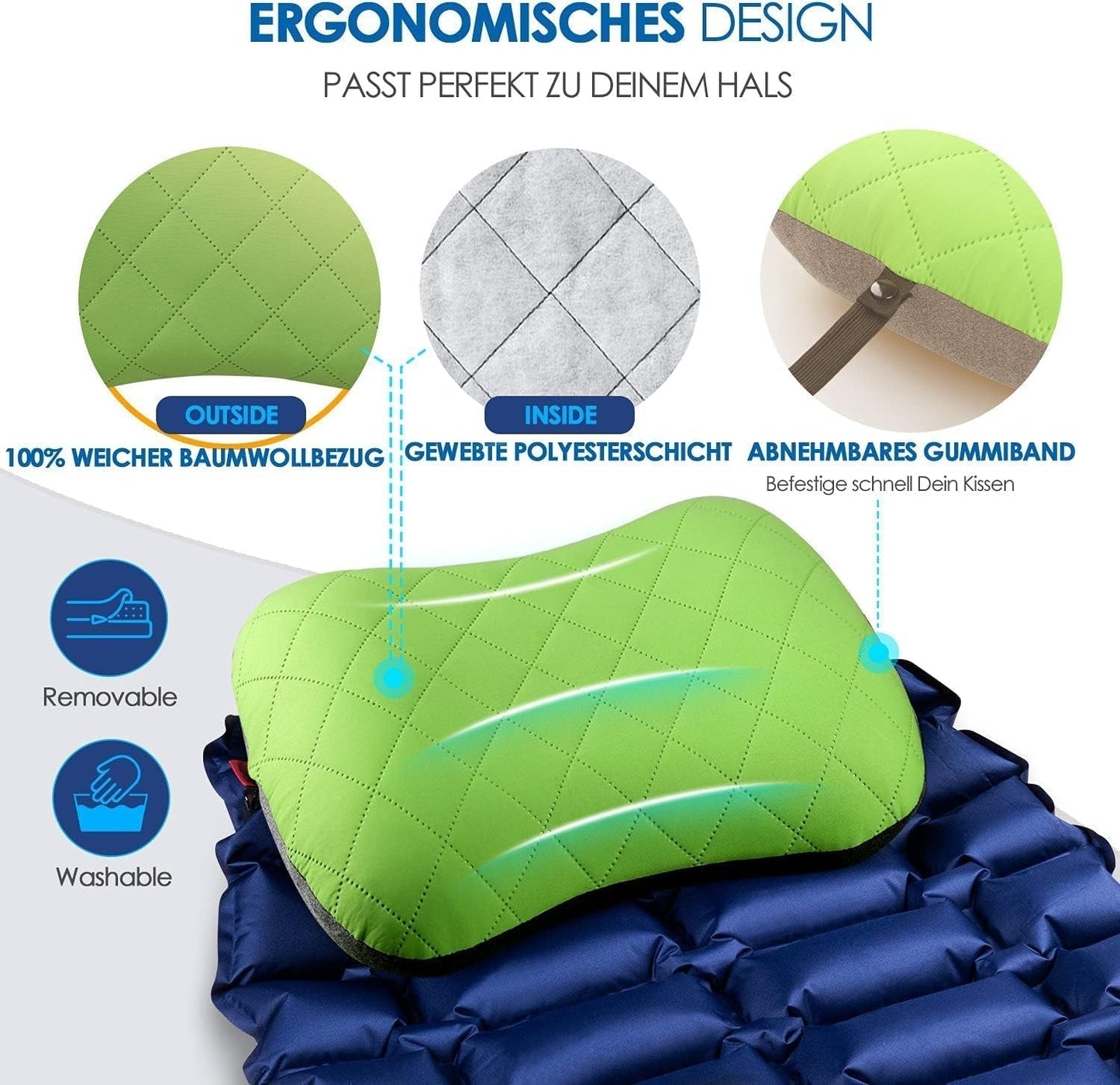 HIKENTURE Pernă gonflabilă de camping / călătorie cu față de pernă detașabilă, pernă ergonomică, pernă confortabilă pentru gât pentru călătorie / exteriör, pernă gonflabilăde ... găttor călătorie Perne ortopedice cervicale Naty Shop