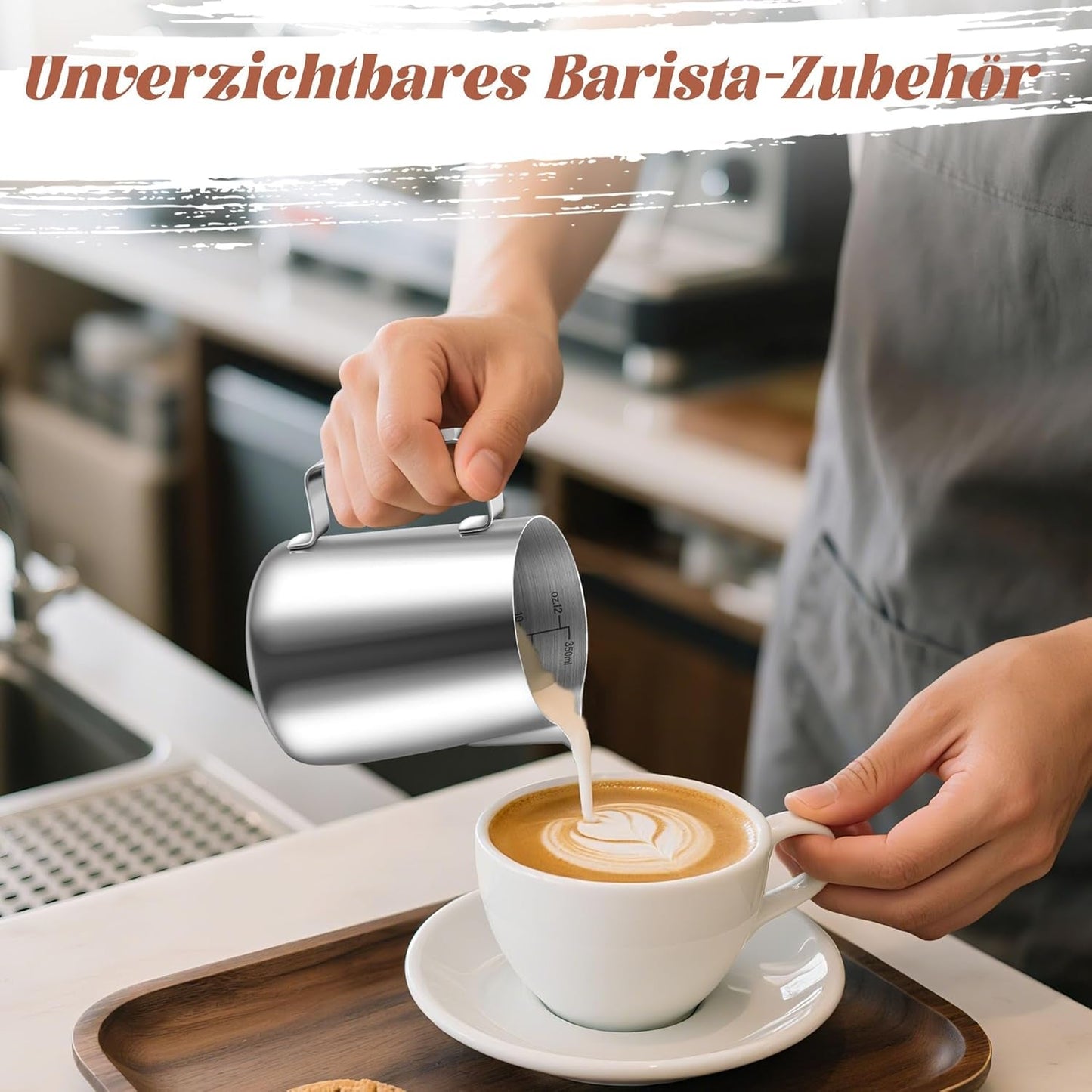 Mjölkmugg, 350 ml mjölkmugg i rostfritt stål med mätmärke, baristatillbehör, mjölkmugg för cappuccino, espresso, latte art, kaffeälskare, silver, 355 ml