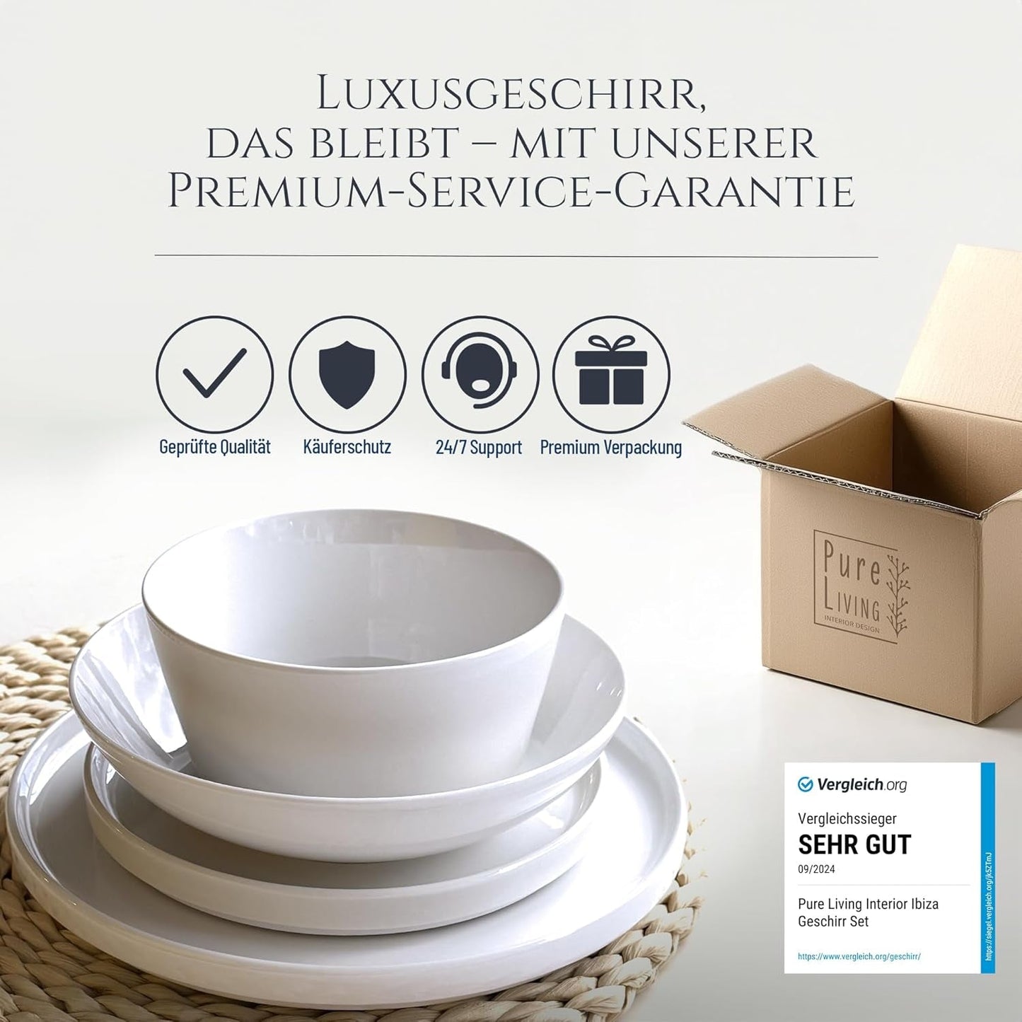 Kristall 48 delar porslin servisset TESTVINNARE Klart porslin servis set Skålar och tallrikar Middagsservice för 12 Pure Living servis set i vitt