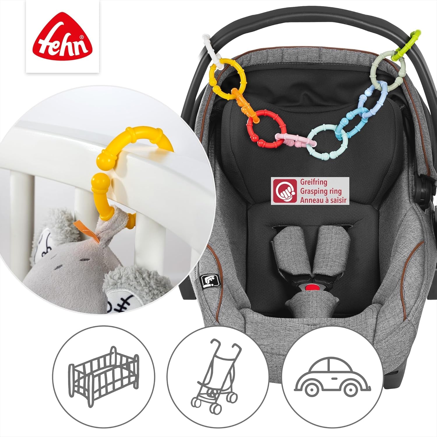 Fehn 10 uppsättning fästringar - fästkrokar för bilbarnstol, lekhage och spjälsäng - fästringar för barnvagnskedja för hemmet och på språng - C-ringar för spädbarn och småbarn från 0+ månader Leksaker Bebe Naty Shop