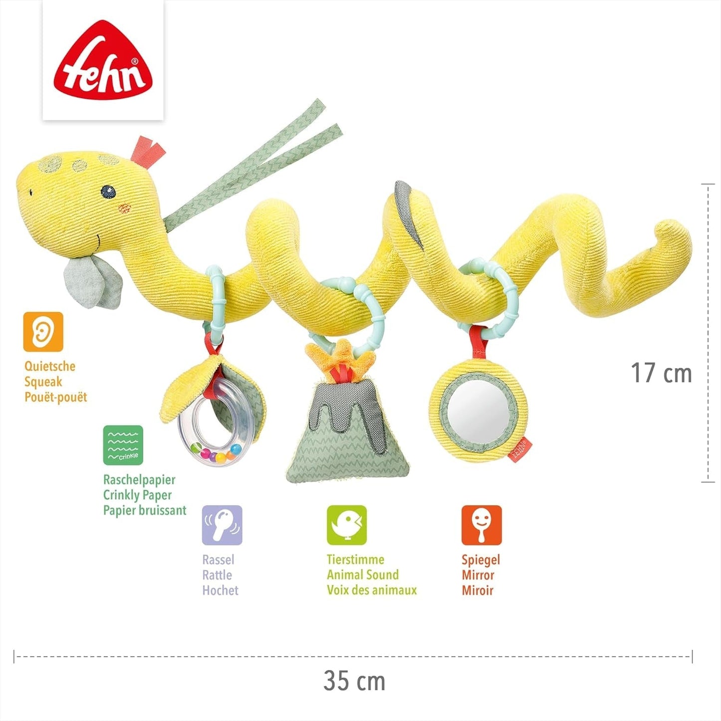 Fehn Activity Spiral Dino - push and pull barnvagnsleksak - babydinosaurieleksak för säng, lekplats, barnvagn och bilbarnstol - motoraktivitetsleksak för spädbarn och småbarn från 0+ månader Babyleksaker Naty Shop