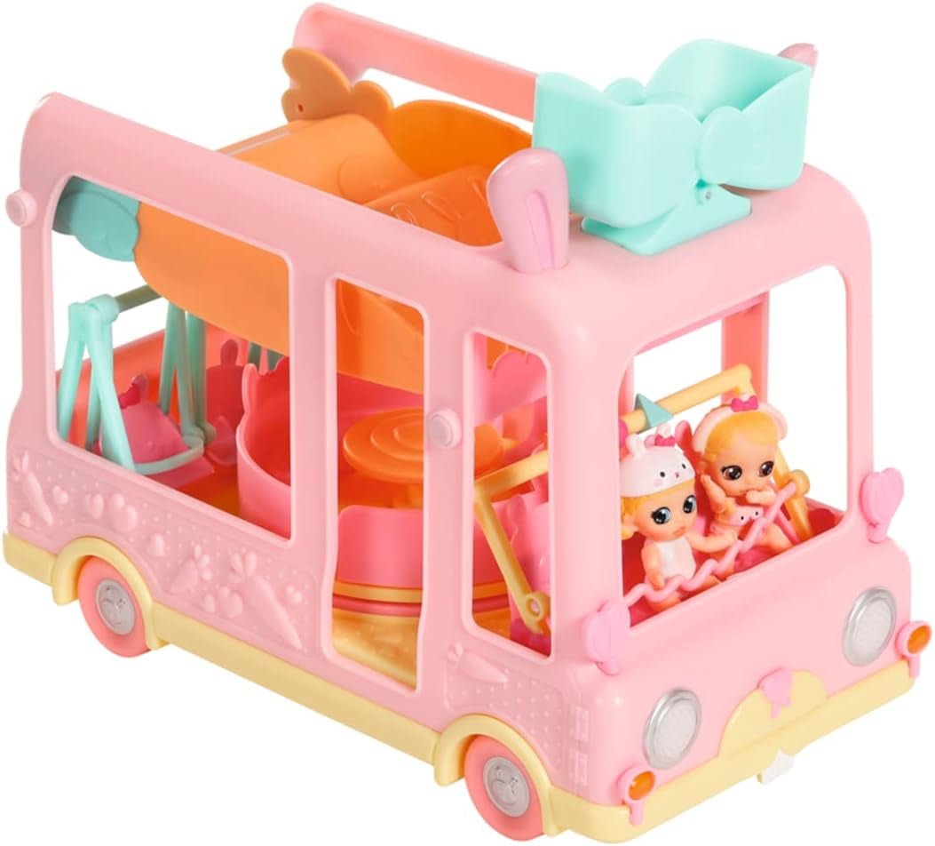 BABY född 904763 Baby Surprise Bus - rosa minidocka leksaksbuss med 2 exklusiva dockor, trippel sittvagn, gunga, karusell, rutschkana och trippelgunga.