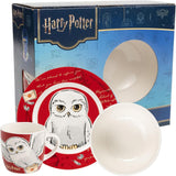 Harry Potter 3-delat servisset, rött, frukostset i porslin med tallrik Ø 19 cm, mugg 220 ml och skål 330 ml, servisset
