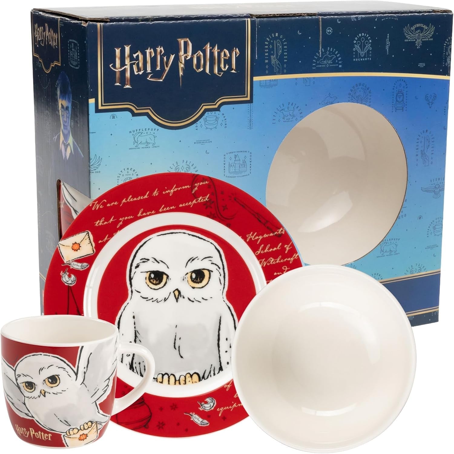Harry Potter 3-delat servisset, rött, frukostset i porslin med tallrik Ø 19 cm, mugg 220 ml och skål 330 ml, servisset