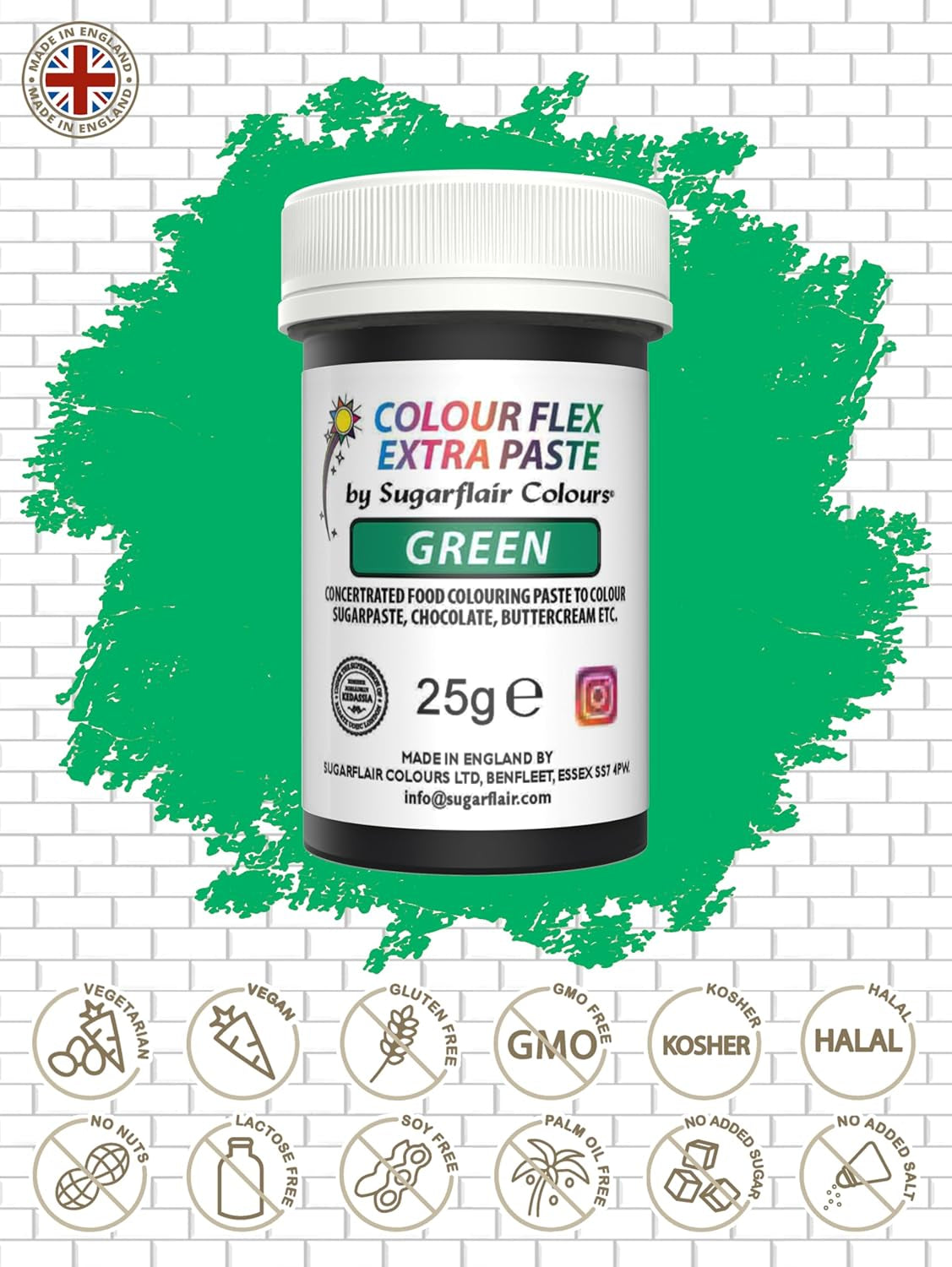 Sugarflair Colourflex Extra Paste Verde matfärgning - Ätbar matfärg för smörkräm, choklad, sockerpasta, glasyr, fondant, kakmixar, deg och mer - 25g