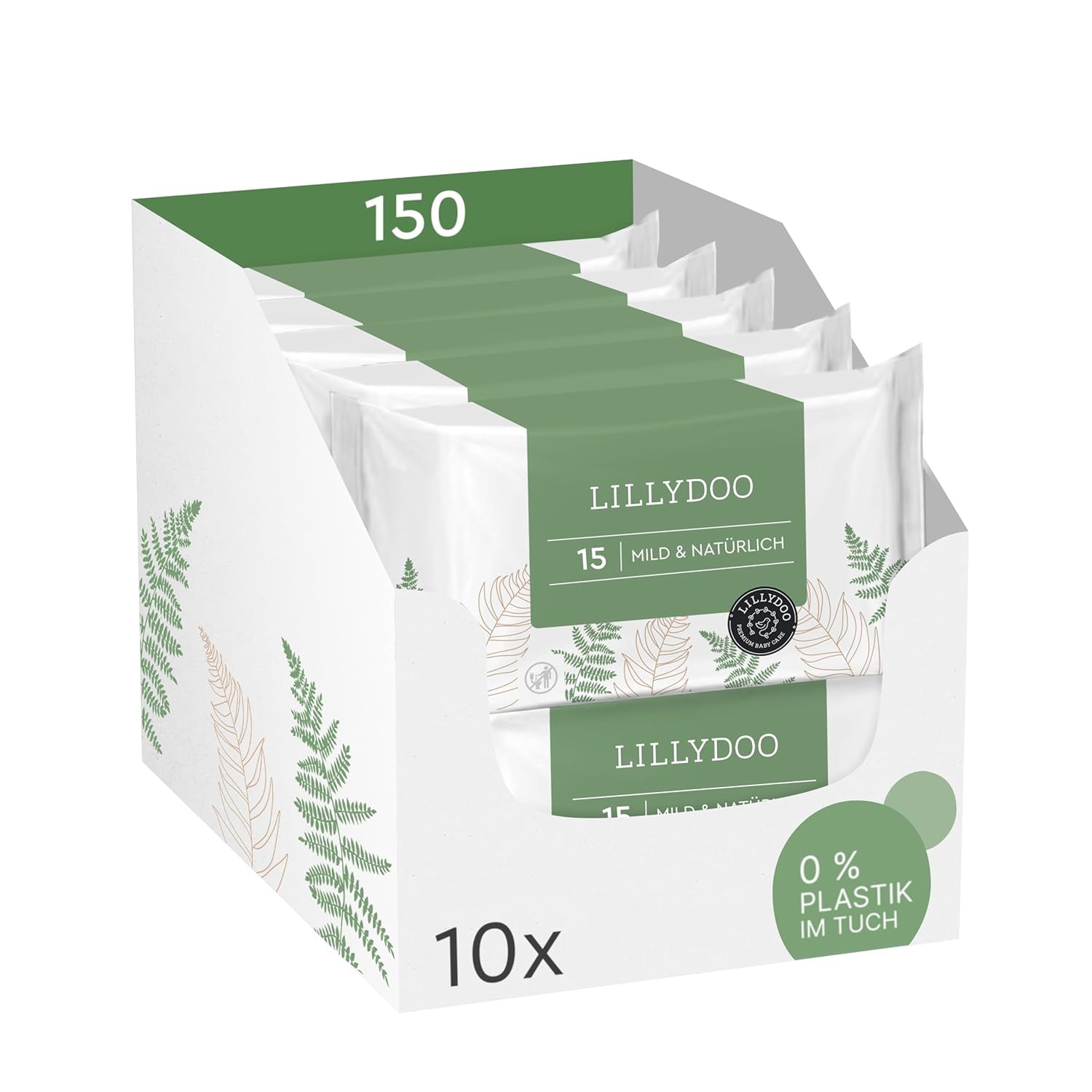 LILLYDOO Gröna våtservetter, 600 antal (10 x 60), 100 % plastfri tårbeständig våtservett - Doftfri, skonsam och naturlig, skonsam rengöring för känslig hud, dermatologiskt testad