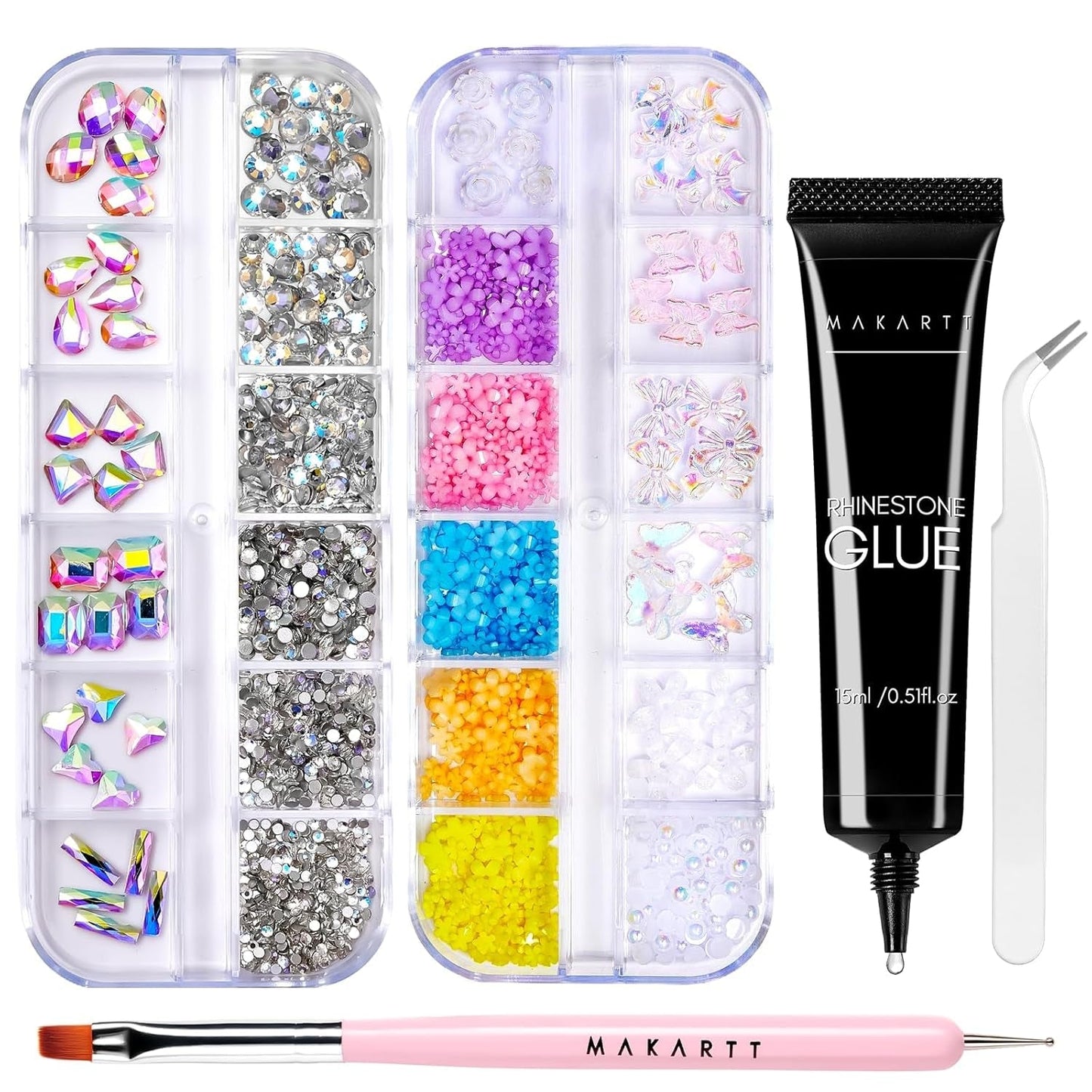 Makartt Rhinestone Adhesive Gel - 15ml UV Nagellim Set med Rosa Nail Charms Heart Circle Nail Smycken och Nageldesign Tillbehör för Hemmanikyr Alla hjärtans dag present