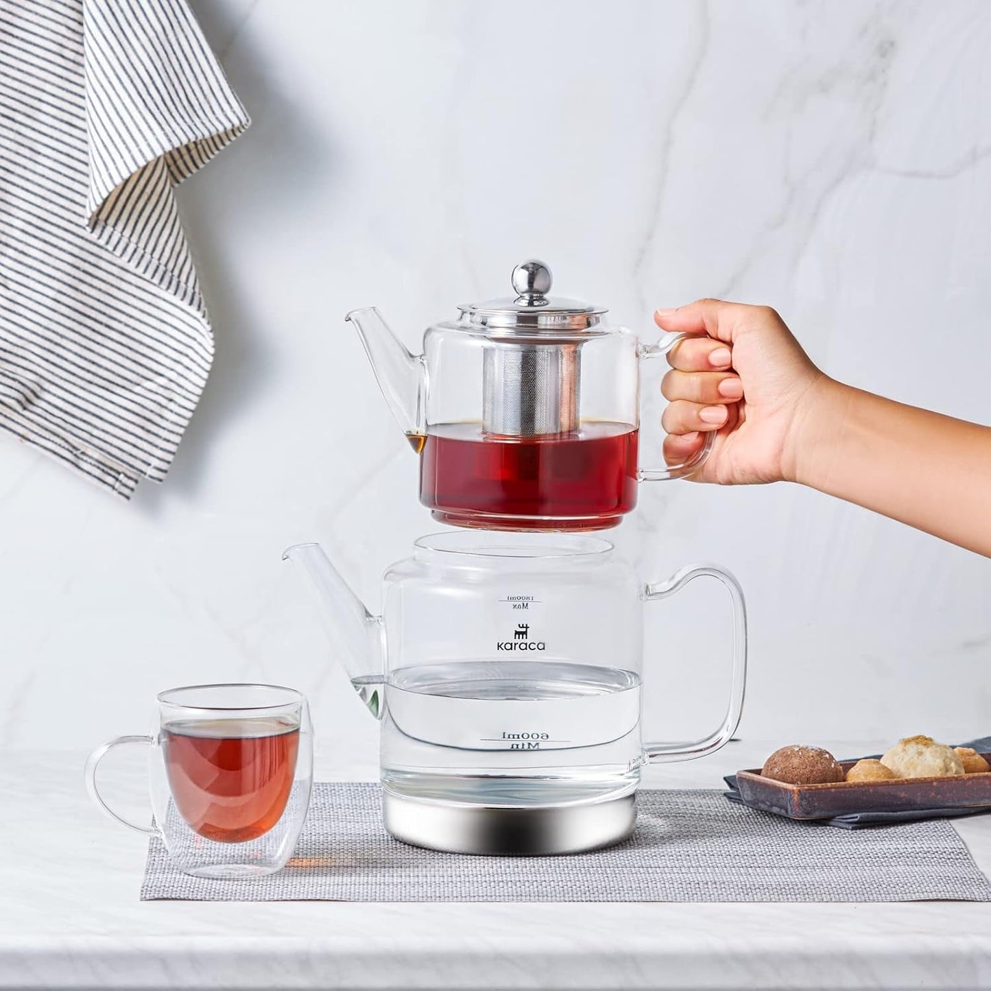 Karaca Dora Borosilikatglas vattenkokare med rostfritt stål teinfuser, 2L vattenkokare och 1L glasvattenkokare med infuser, turkisk vattenkokare, Caydanlik, turkisk örttebryggare, löst te, XL