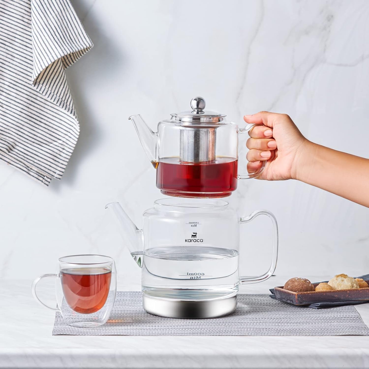 Karaca Dora Borosilikatglas vattenkokare med rostfritt stål teinfuser, 2L vattenkokare och 1L glasvattenkokare med infuser, turkisk vattenkokare, Caydanlik, turkisk örttebryggare, löst te, XL