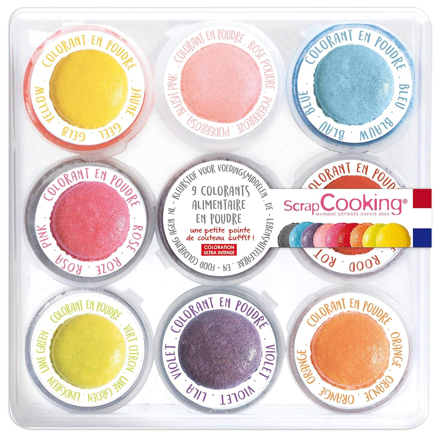 Scrapcooking - Set med 9 pulveriserade matfärger - blå, gul, rosa, lila, orange, limegrön, röd, pulverrosa, svart - ätbart färgpulver för kakor, muffins, macarons - 4270