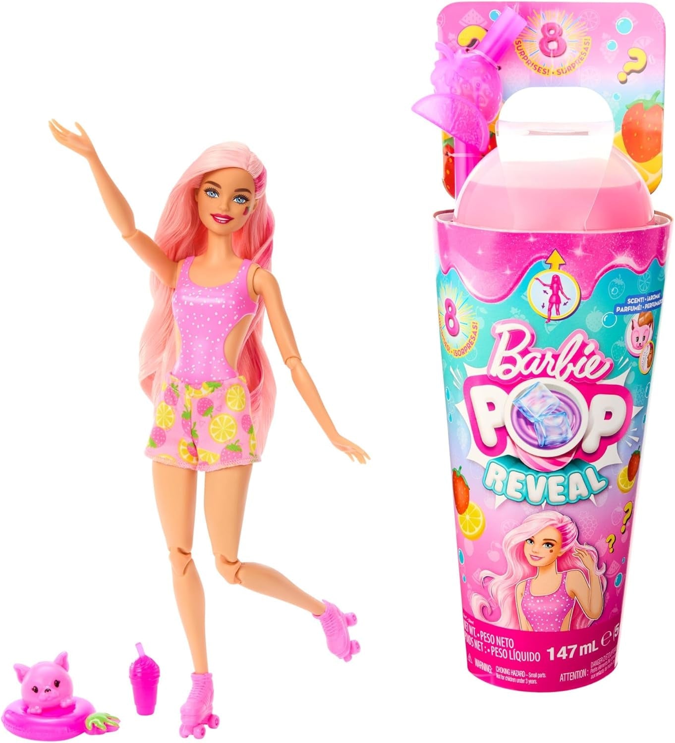 Barbie Pop Reveal Fruit - Överraskande dockor med 8 fruktiga överraskningar, inklusive en positionerbar docka med jordgubbssaft och en fluffig valp i åldern 3+, HNW41