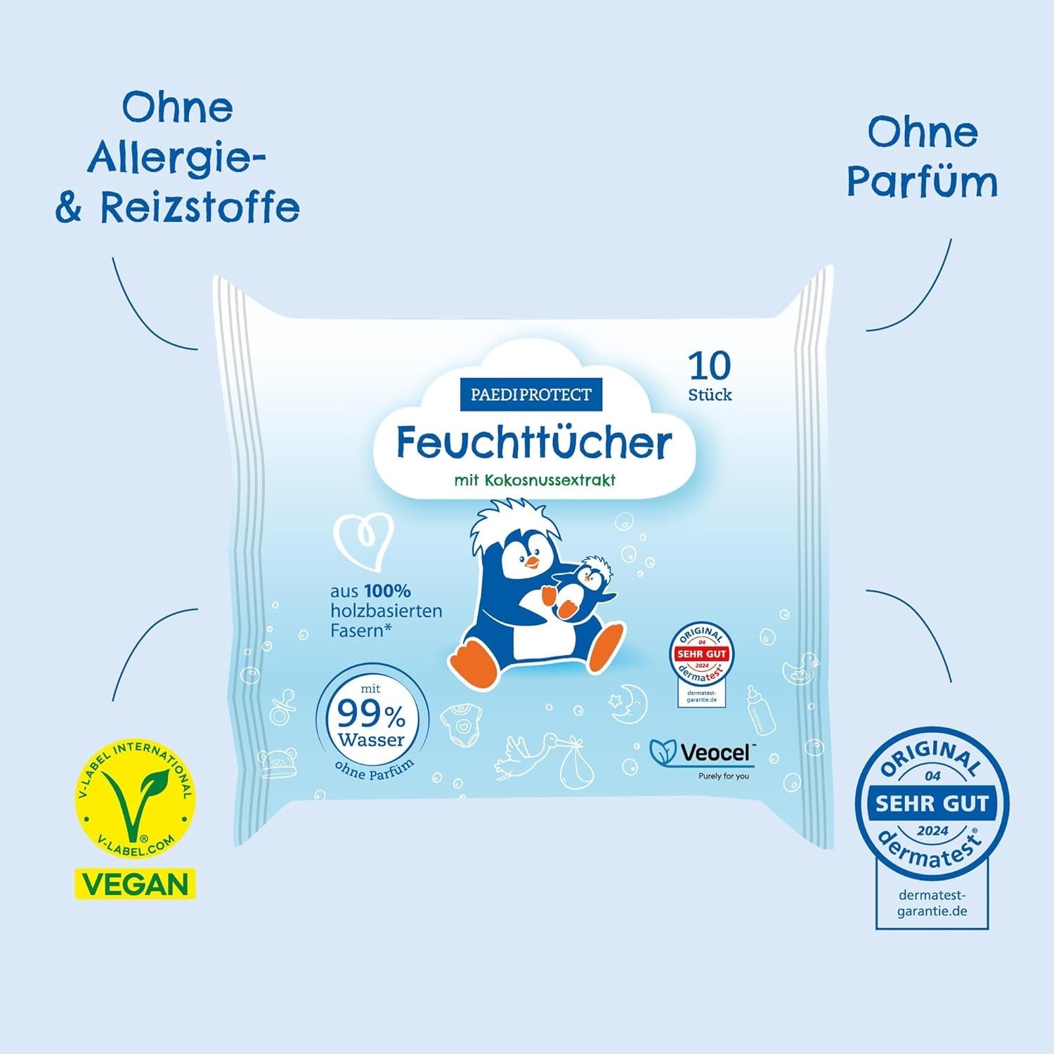 PAEDIPROTECT våtservetter för baby 1 x 10 st Känsliga våtservetter för babyvatten 99 % vattenparfymfri baby & barn ömtålig hud Kokosextrakt Mikroplastfri vegansk (5-pack)
