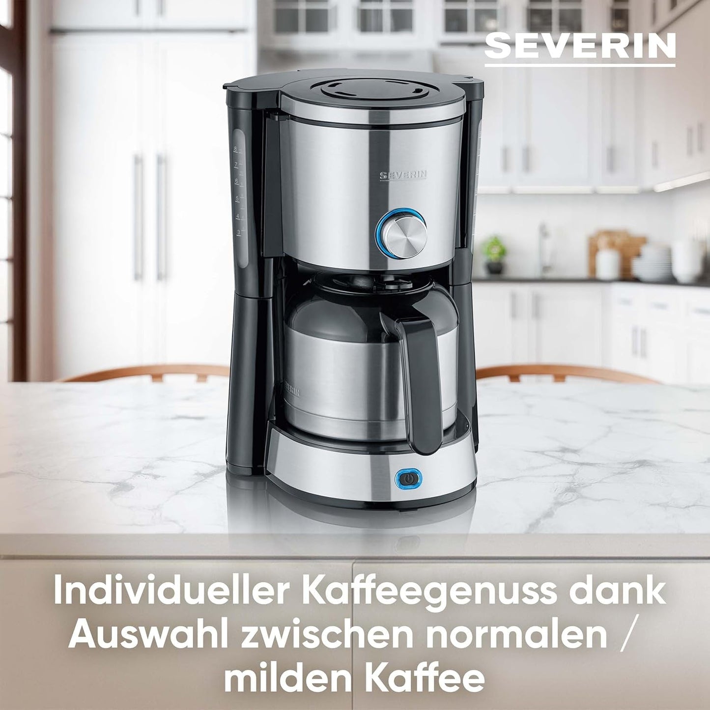 SEVERIN "TypeSwitch" espressomaskin med termokanna, AromaSwitch för att välja mellan 2 bryggprofiler, kaffemaskin för upp till 10 koppar, 1000W, borstat rostfritt stål-svart, KA 4845