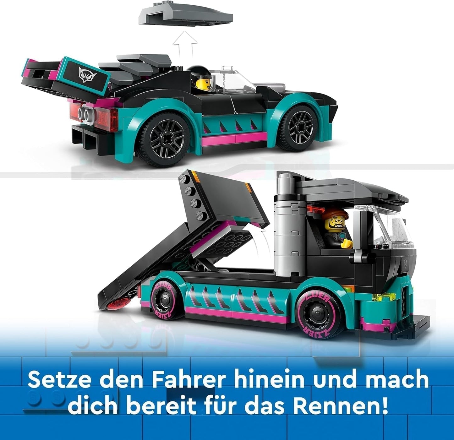 LEGO City Car Transporter med racerbil, leksaksbil med justerbar lastramp och racerbil, byggset med 2 minifigurer, racerförare och lastbilsförare, för barn från 6 år 60406 Byggset Besuche den LEGO-Store