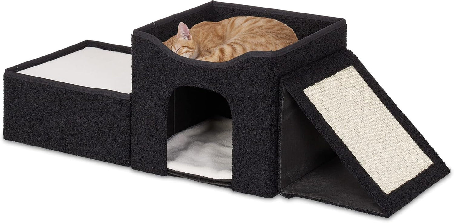 Relaxdays Katzenhöhle, hopfällbar, 3 Liegeplätze, Katzenhaus mit Kratzfläche, HBT: 36,5x112x41 cm, Katzenversteck, schwarz