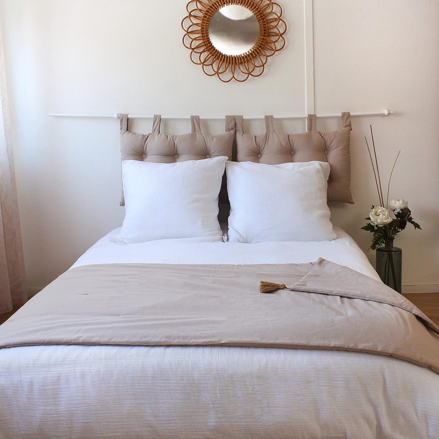 Njut av hemfilt, beige, naturligt, med 4 jutepumps, 90 X 190 cm, 100 % bomull, Oeko-Tex Certified, Panama Collection Naty Shop filtar och täcken