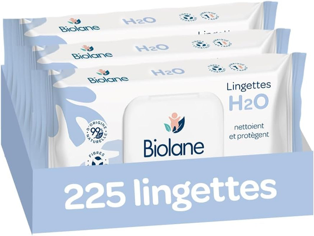 BIOLANE - Våtservetter för baby med vatten - 225 våtservetter - 3 x 75 stycken - Skonsam och effektiv rengöring - Från födseln - Fransk kvalitet