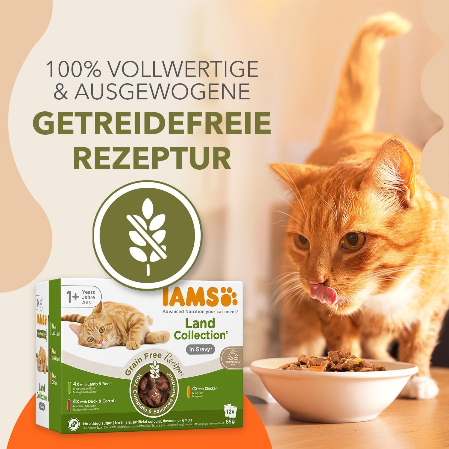 IAMS Delights Land Collection Spannmålsfritt våtmat för katter - Köttsortspaket Multipack Spannmålsfritt våtfoder för katter 1 år och över 12 x 85g