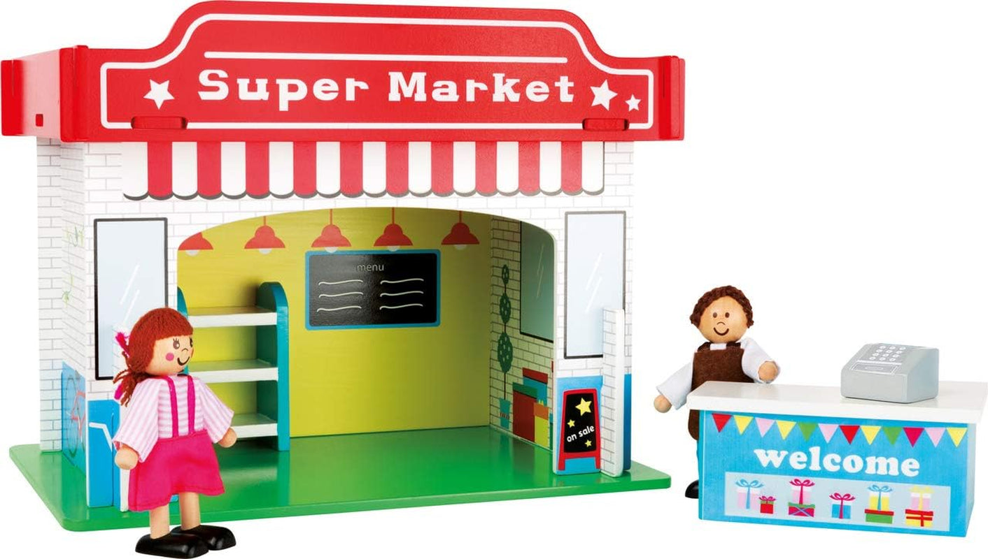 Small Foot 10852 Lekstuga Restaurang Tillverkad av trä, Med 2 dockfigurer, tillbehör och avtagbart tak, Från 3 år Dockhus Naty Shop Supermarket