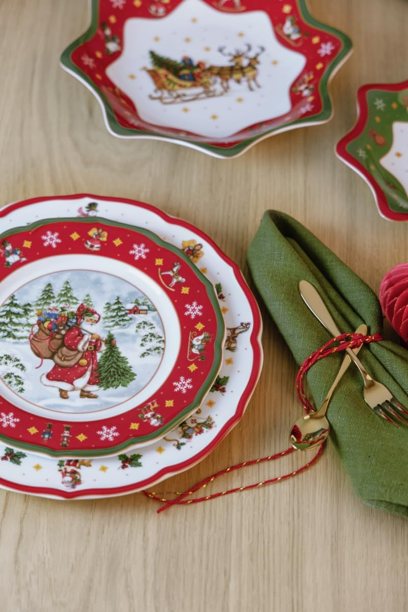 Hutschenreuther Happy Wintertime Red Christmas servisset för 6, porslin, flerfärgat, 6 frukosttallrikar, 6 middagstallrikar och 6 middagstallrikar, diskmaskin och mikrovågssäker