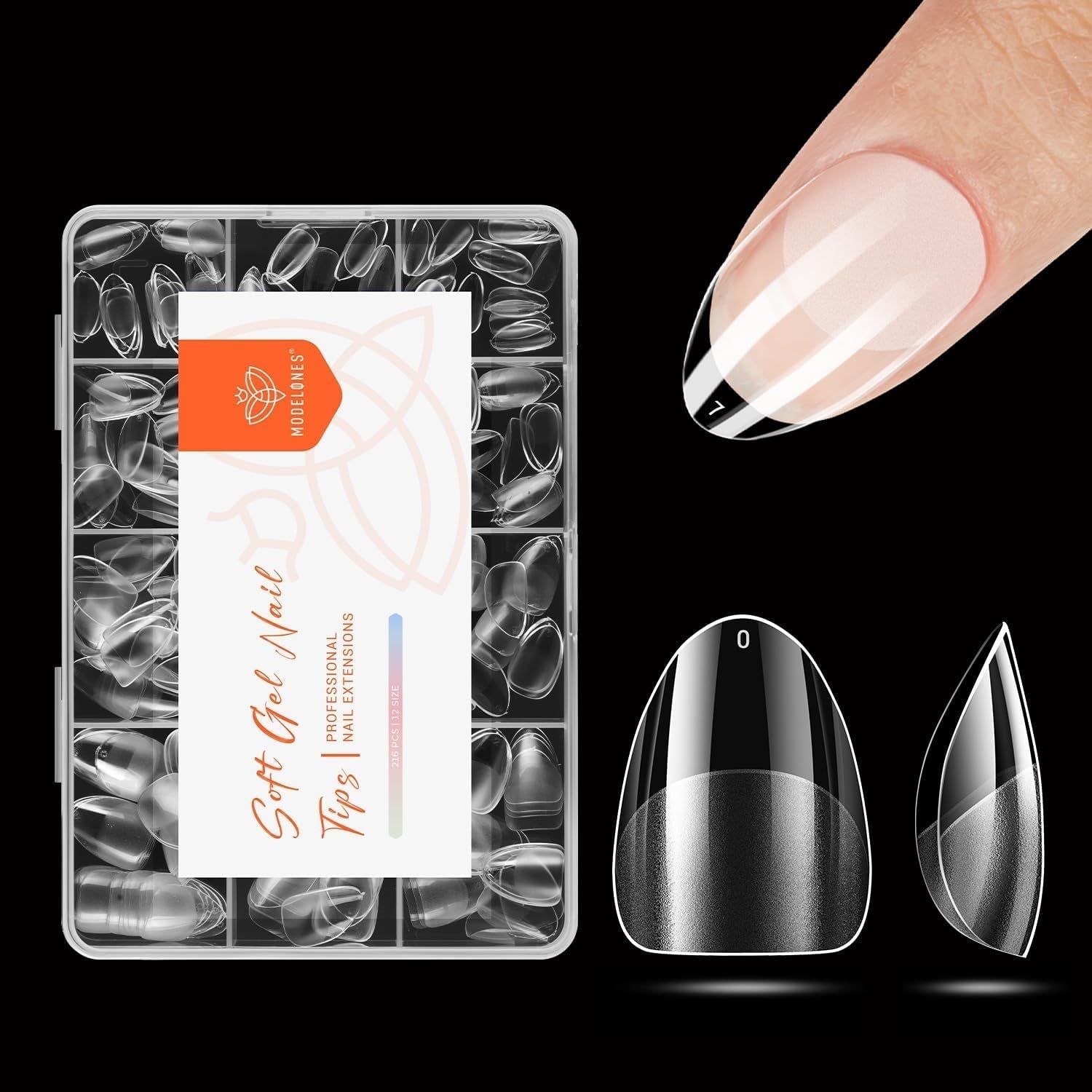 Modelones Nail Tips 216 bitar - Heltäckande Nail Tips Set, Soft Gel Tips Set, Pre-Polishing PMMA Resin Nail Tips, DIY Lime On Nail Art konstgjorda naglar, korta mandlar XS