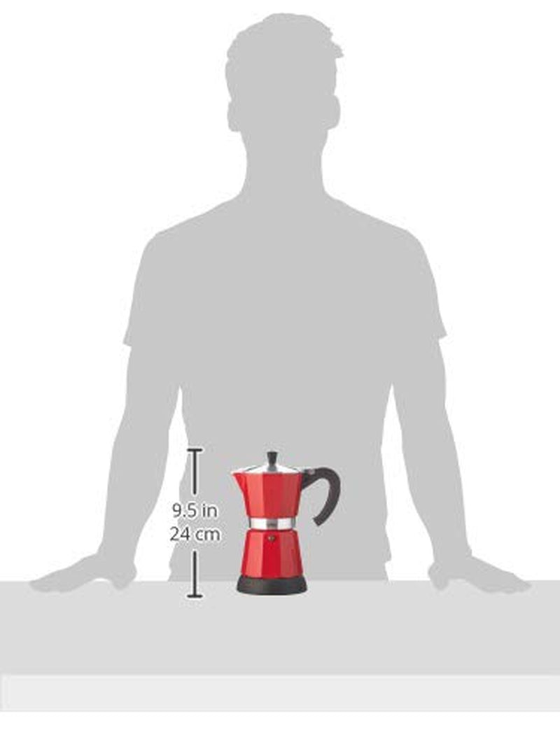 Cilio Classico espressomaskin för 6 koppar | elektrisk 480W | Ø 11,5 cm Höjd: 25 cm | aluminium | röd | integrerad häll | med värmebevarande funktion och reducerande filter | för resor eller camping
