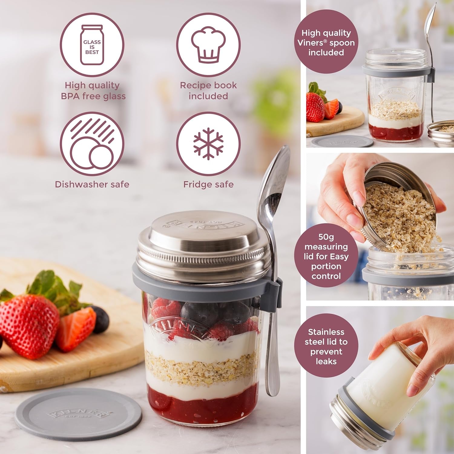 Kilner frukostburk med sked / 350 ml, Ø 9,5 cm / 5 st | takeaway müslikopp / giftfri / glasbehållare med lock för müsli, gröt och yoghurt / havrebehållare över natten Naty Shop Matförvaringslådor