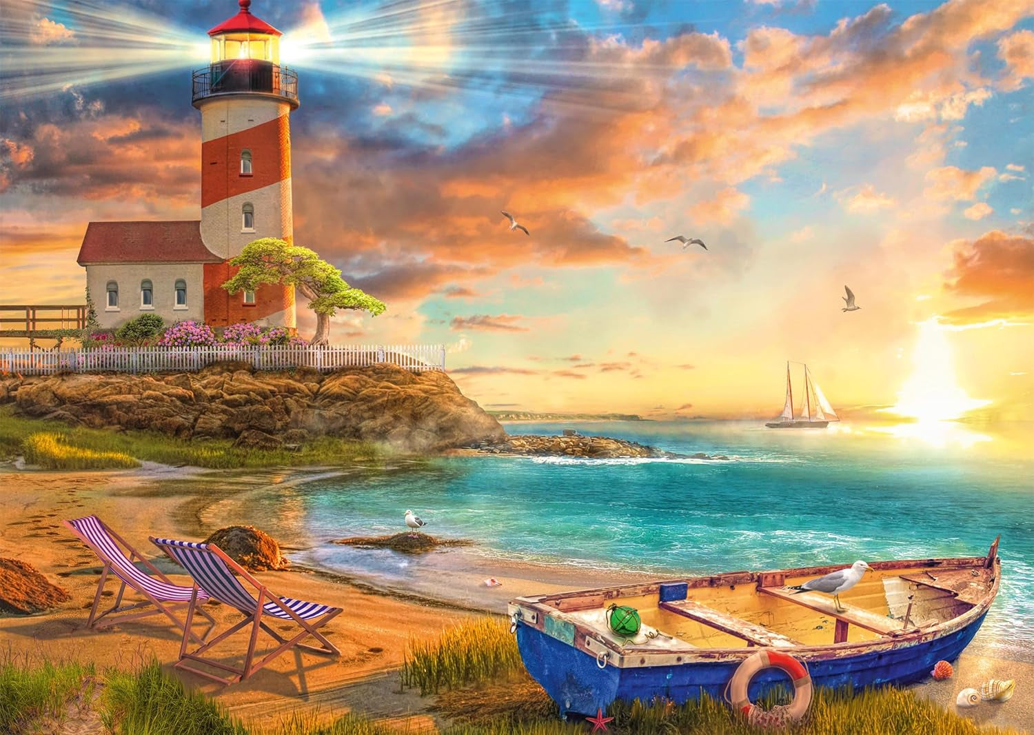 Schmidt Spiele 59765 Solnedgång i Lighthouse Bay, pussel 1000 bitar, färgglada Puzzle Naty Shop