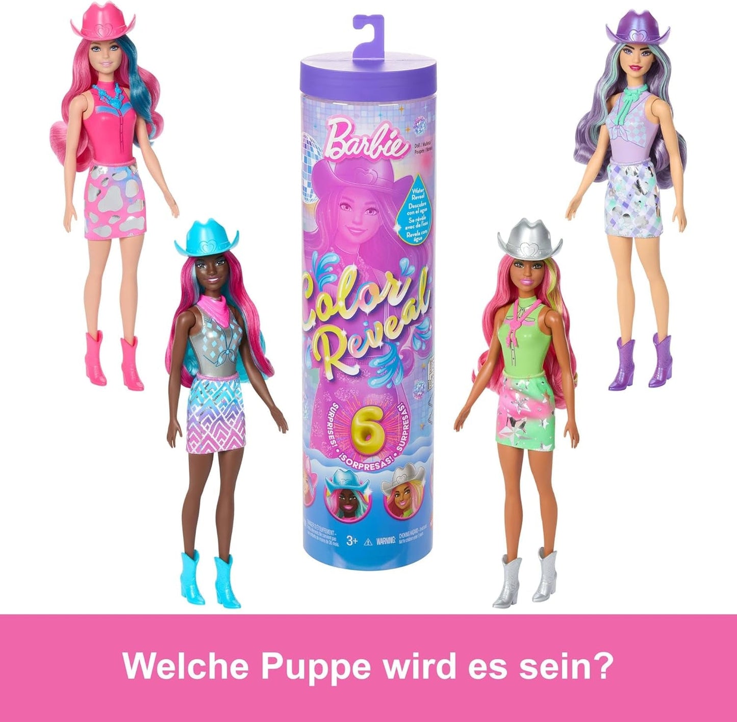Barbie Color Reveal Doll och tillbehör med 6 överraskningar, Disco Star Series med metalliskt glitter och färgskiftande topp (stilar kan variera), JCP01, 32 cm