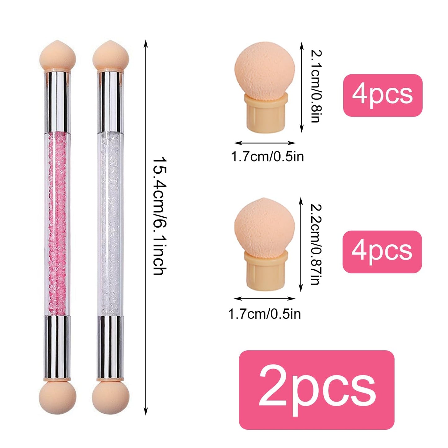 2 Stück Nail Art Rendering-Werkzeuge Doppelter Kopf, Sponge Brush Applicator Inkl 8 Ersatzköpfe, Nail Art Schwamm Und Tupfpinsel(Weiß, Rosa)