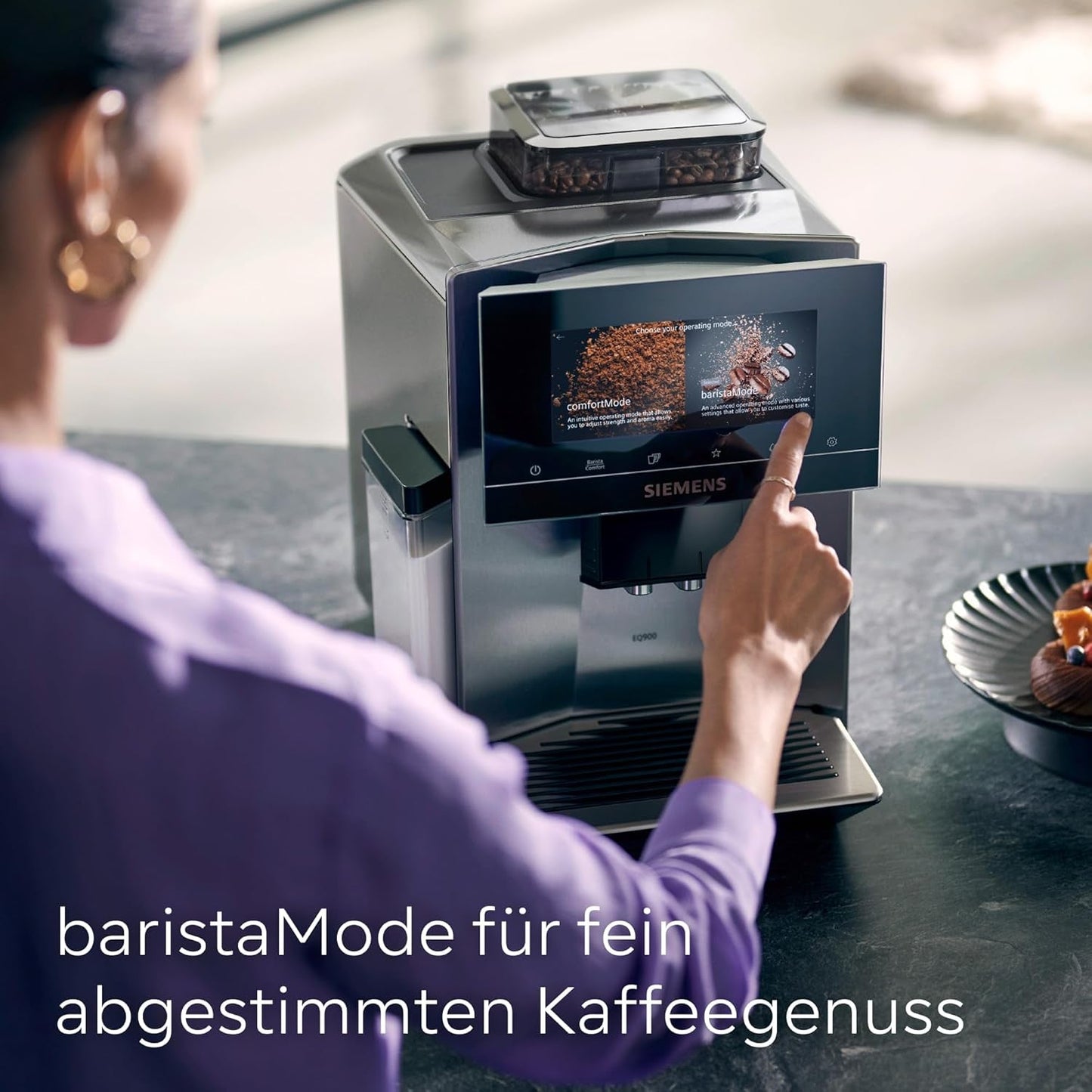 Siemens EQ900 TQ903D03 Automatisk espressomaskin, Appkontroll, Intuitiv Touch Display, Barista Mode, AromaBoost, Brusreducering, Premium Grinder, Automatisk Ångrengöring, 1500 W, Rostfritt stål