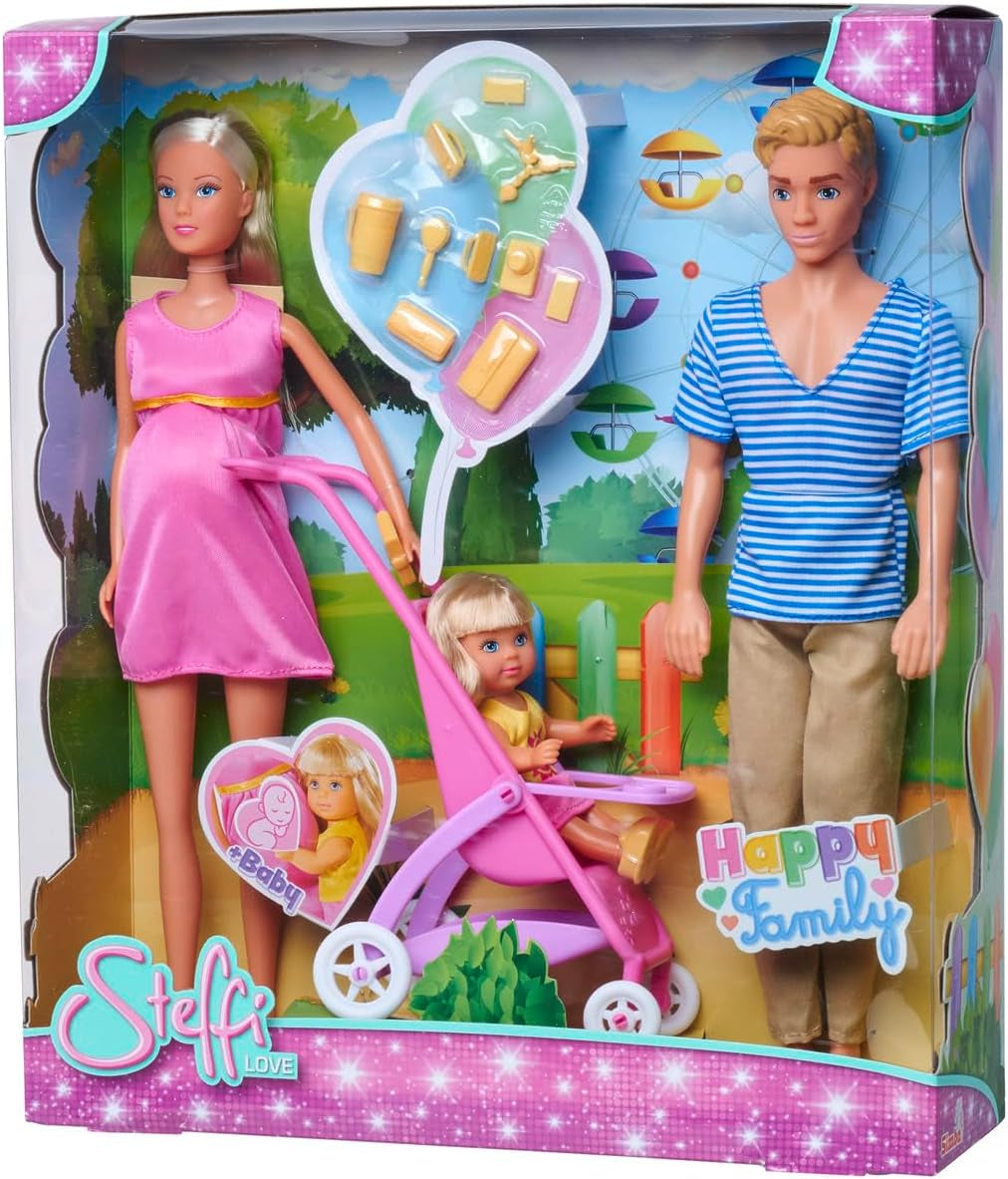 Simba 105733673 - Steffi Love Happy Family, gravid docka, Kevin, Evi och baby med barnvagn, 11 delar, tillbehör, 30 cm, 3+