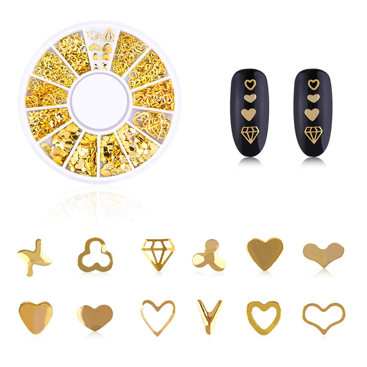 4 lådor Nagel Art Strass, 3D Nagel Art Decorations, Mix Größe Nagel Perlen Glitter Strass Guld Metall Hohlniet Nagelkunst Stern Mond Sonne Nagel Zubehör Für DIY Nageldesign