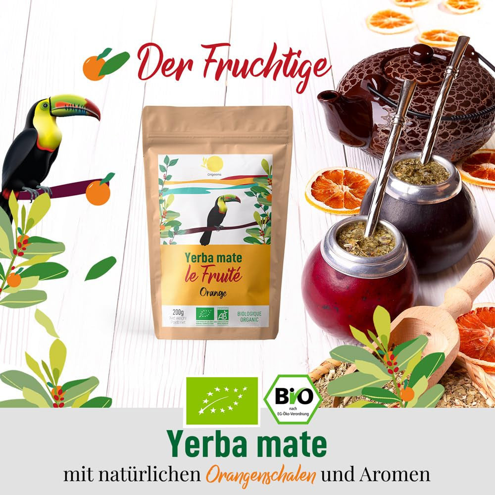 ORIGEENS BIO YERBA MATE med apelsiner 200 G - Fruktigt te I Ekologiskt orostat Yerba Mate te, utan stjälkar och damm I Energigivande och avgiftande dryck