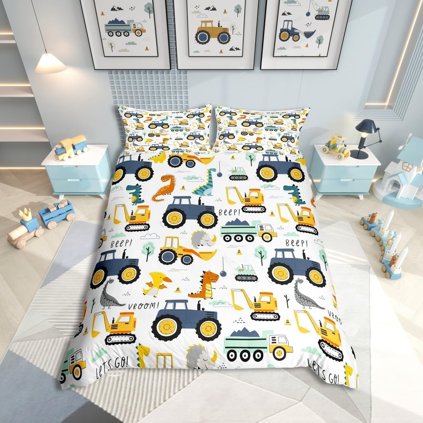 Jungen Cartoon Auto Sängkläder Set 135X200,Kinder Bau Fahrzeuge Tröster Abdeckung Für Kind Kleinkind Teens,Dinosaurier Bettbezug,Traktor Maschinerie Bagger Bettdecke Abdeckung,Lkw Autos Bedtuchen Naty Shop Multi 15 135*2001+80*80*