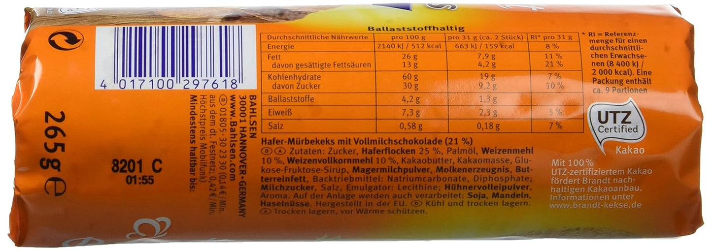 Brandt Hobbits Choklad - Paket med 18 - Förvaringslåda - Fullkornsfiberrika havregryn Halvfina chokladkakor (18 x 265 g)